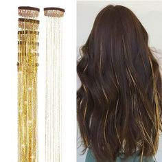 Gold Hair Tinsel, Glitter Hair Extensions, 2nd Day Hair, Top Knots, Hair Tinsel, Multi Colored Hair, Gold Hair Clips, Wishlist 2024, Goddess Costume