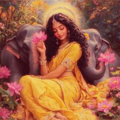 a painting of a woman sitting in front of an elephant with pink flowers around her