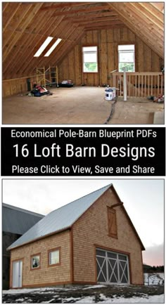 an attic with two windows and the words'16 loft barn designs please click to view, save and share