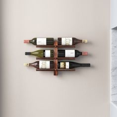 three wine bottles are placed in the shape of a wall mounted rack on a wall