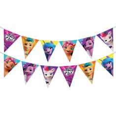 the party bunting is decorated with pink and blue hair, which has an image of cats