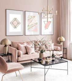 a living room with pink walls and furniture