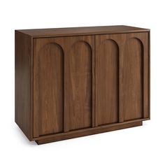 a wooden cabinet with three doors on one side and an oval design on the other