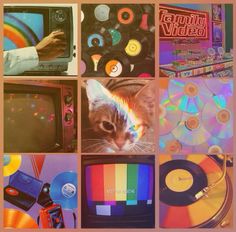 a collage of pictures with various types of cds and other things on them, including a cat