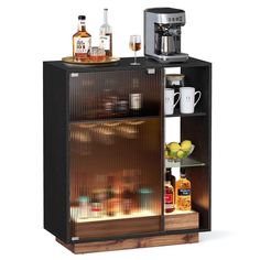 an open cabinet with liquor bottles and glasses on it's shelves, next to a coffee maker