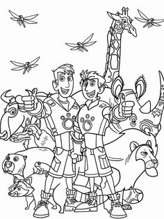 an image of cartoon characters with birds and giraffes in black and white