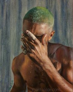 a painting of a man with green hair holding his face in front of his hands