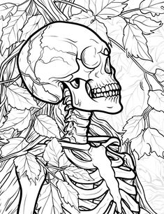 a skeleton sitting in the middle of leaves