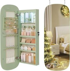 SONGMICS Jewelry Organizer, LED Jewelry Cabinet Wall or Door Mounted, Lockable Rounded Wide Mirror with Storage, Interior Mirror, Christmas Gifts, White Surface with Greige Lining - Grand Goldman Jewelry Organizer Cabinet, Wide Mirror, Mirror With Storage, Illusion Design, Laurel Green, Jewelry Armoires, Interior Mirror, Organizer Cabinet, Mirror Jewellery Cabinet