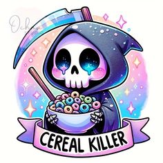 a cartoon character with a skull holding a bowl of cereal in it's hands