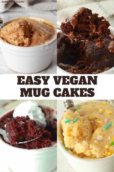 easy vegan mug cakes with chocolate frosting and sprinkles on top