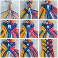 four pictures of different colors of thread on a piece of cloth with strings attached to it