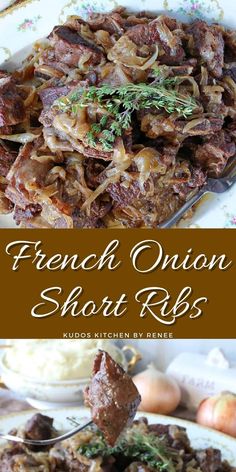 the french onion short ribs are served on a plate