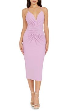 This endlessly elegant sleeveless midi is designed in a lavender hue and fronted with romantic rippled ruching. 34" center front length (size Medium) Hidden back-zip closure Plunge neck Spaghetti straps Back vent Lined 90% polyester, 10% spandex Machine wash, line dry Imported Sheath Midi Dress, Rollerball Perfume, Sleeveless Midi Dress, Midi Sheath Dress, Dress The Population, Beauty Sale, Fragrance Design, Midi Dress Sleeveless, Free Fabric