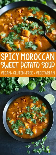 spicy moroccan sweet potato soup with cilantro and green garnish on the side