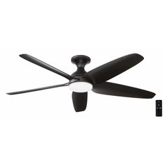 the ceiling fan is black and has two blades on each side, one with a light at the top