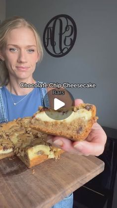 Andrea on Instagram: "Chocolate Chip Cookie Cheesecake Bars

Take a 8x8 or 9x9 pan and line it with parchment paper

Take premade chocolate chip cookie dough (or make your own) and press it into the pan. About a 1/2 inch maybe a little thinner.

Make your cheesecake mixture: 1 block softened cream cheese, 1/2 cup sugar, 1 egg and a splash of vanilla. Mix well. 

Spread the cheesecake mixture on top of the cookie dough.

Take more cookie dough and flatten some out and lay on top 

Bake at 350 degrees for 40-45 minutes 

Let cool completely and refrigerate for a couple hours before serving"