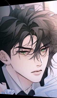 an anime character with black hair and green eyes looking to his left, while wearing a white shirt