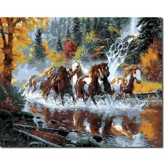 five horses running through a river in the woods with fall foliage and trees around them