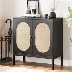 a black cabinet with two doors and an umbrella