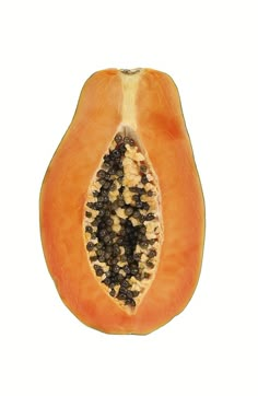 a papaya cut in half on a white background