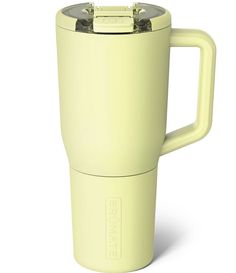 a yellow coffee cup with handle and lid is shown in front of a white background