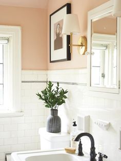 a bathroom with a sink, mirror and potted plant on the counter in front of it