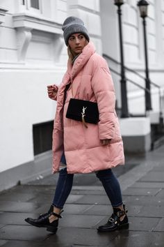 facf9f743b083008a894eee7baa16469desc35285848ri Pink Puffer Jacket Outfit, Puffer Outfits, Fall Winter Street Style, Balenciaga Boots, Pink Puffer Jacket, Puffer Jacket Outfit, Cold Fashion, Cool Coats