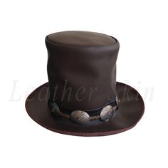 Make a chic style statement with Leather Skin shop’s Top hat. This hat is made from genuine leather (cowhide), giving it a smooth and luxurious feel. What’s more? The Top hat is comfortable to wear. Available in an affordable price, it makes for the perfect accessory to any outfit. Some of the things that set this hat apart: The band of the top hat is lined with metallic embellishments, giving it a fancy and attractive look. The flat crown of the hat and the slightly curved brim adds to the sophistication and class. It is available in many various sizes, and you can choose the one that best fits you. The high-quality full-grain leather adds to its durability and longevity. Intricate stitching, extensive detailing, and unique design – this is what makes this hat a wardrobe essential. Add on Formal Leather Felt Hat With Short Brim, Elegant Leather Felt Hat With Flat Brim, Elegant Brimmed Leather Felt Hat, Elegant Leather Brimmed Felt Hat, Elegant Leather Fedora, Formal Leather Wide Brim Felt Hat, Fitted Leather Felt Hat With Short Brim, Formal Brown Brimmed Top Hat, Adjustable Leather Hat With Flat Crown