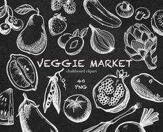 vegetables and fruits drawn in chalk on a blackboard with the words veggie market