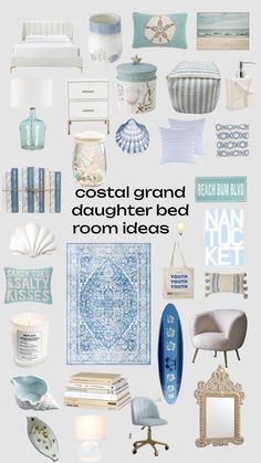 a collage of blue and white items with the words coastal and beach themed room ideas