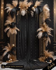 a black and gold wedding backdrop with feathers, beads and pearls on it's edges