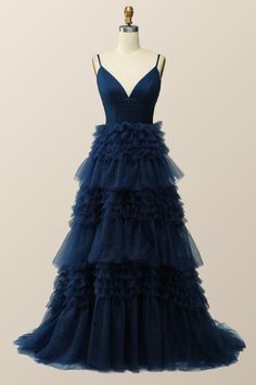 Tiered Ruffle Evening Dress For Gala, Blue Tulle Dresses With Ruffled Skirt, Blue Tulle Dress With Ruffled Skirt, Blue Prom Dress With Ruffled Straps, Blue Ruffled Skirt Dress For Prom, Tiered Gown For Prom Season, Elegant Gown With Spaghetti Straps And Ruffles, Tiered Tulle Gown For Gala, Tiered Evening Dress For Prom Season