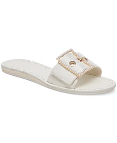 in stock Elegant Embellished Sandals For Vacation, Elegant Crystal Embellished Sandals For Vacation, White Embellished Flat Heel Sandals, White Embellished Summer Sandals, Pearl-embellished Open Toe Sandals For Evening, Dolce Vita Pearl Sandals, Luxury Pearl-embellished Sandals For Spring, Flat Sandals, In Store