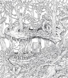 a drawing of a house in the woods with an alligator's head on it