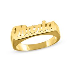 This customized name ring is a thoughtful gesture on any occasion. Crafted in sterling silver with 14K gold plate, this fun take on a fashion classic features the name or phrase you select - up to 10 characters in length - spelled out across the center in a bold script font. Expertly finished and ready for anytime wear, this Personalized style pairs well with any outfit. Custom-made to fit her ring size. Sterling silver rings cannot be resized after purchase. Gold Promise Ring With Name, Classic Custom Name Jewelry For Promise, Gold Engraved Name Ring For Promise, Personalized Gold Engraved Ring In Fine Jewelry Style, Gold Promise Ring With Name Detail, Yellow Gold Engraved Promise Ring With Name, Personalized Gold Engraved Ring Fine Jewelry, Classic Yellow Gold Engraved Ring With Custom Name, Elegant Yellow Gold Nameplate Ring