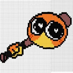 a pixellated image of a magnifying glass with an orange and black face