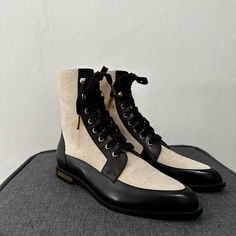 Giorgio Armani Size 7 Ankle Lace Up Booties. Linen And Black Leather With Gold Hardware And Accent At Heel. Never Worn. No Box. Elegant High Ankle Cream Boots, Elegant Beige Boots With Flat Heel, Elegant Beige Flat Heel Boots, Elegant Beige Round Toe Boots, Elegant Beige Lace-up Boots, Elegant Cream Boots With Flat Heel, Elegant Beige Almond Toe Boots, Elegant Cream Boots With Leather Sole, Elegant Beige Ankle Boots