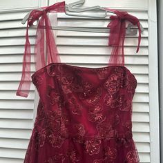 Dress Is Size Small, New With Tags, Never Worn Material Is Tulle And Sequin Flowers, A-Line, Bow Shoulders That Are Adjustable. Length Is Between T Length And Maxi. Dark Red Hoco Dress, Silk Red Dress, Two Piece Formal Dresses, Red Dress Casual, Hot Pink Prom Dress, Sequin Flowers, Red Formal Dresses, Silk Prom Dress, Gown Ideas