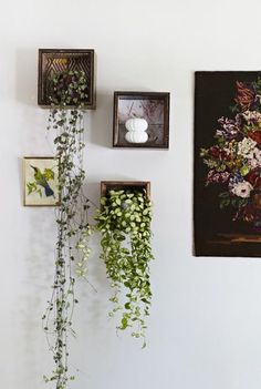 there are three paintings on the wall and one is hanging with flowers in vases