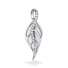 14K White Gold Maile Leaf Pendant with White Mother of Pearl Inlay and 0.19 Carats (total weight) of Diamonds. The pendant measures approximately 1 1/8" in length. Please note that a chain is not included with the purchase of this pendant. White Gold Diamond Jewelry With Large Pendant, Polished White Gold Pendant Jewelry, White Gold Pendant With Polished Finish, Fine Jewelry Large Pendant In White Gold, White Gold Large Pendant Fine Jewelry, Fine Jewelry White Gold Large Pendant, Exquisite White Polished Jewelry, 14k Gold White Teardrop Pendant Jewelry, White 14k Gold Teardrop Pendant