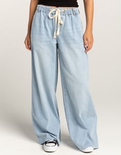 RSQ Womens Mid Rise Tie Front Denim Wide Leg Jeans - LIGHT WASH | Tillys Light Wash Cotton Jeans For Beach, Medium Wash Cotton Bottoms For Day Out, Relaxed Fit Cotton Jeans For Day Out, Light Wash Cotton Jeans For Day Out, Light Indigo Washed Jeans For Summer, Casual Cotton Jeans For The Beach, Casual Cotton Jeans For Beach, Light Indigo Cotton Jeans For Summer, Trendy Cotton Jeans For Beach