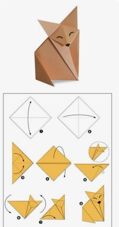 an origami fox is shown with instructions to make it look like the animal