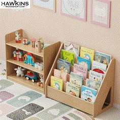 two wooden bookshelves filled with children's books in a child's room