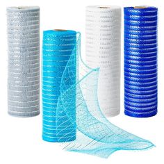 three rolls of blue and white mesh sitting next to each other on a white background