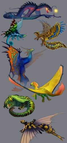 several different types of dragon like creatures on a gray background