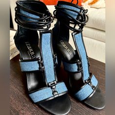 Worn Once For A Photo Shoot. No Offers Will Be Accepted. Heel Height 4” Denim With Genuine Leather Straps And Insole. Photo Shoot, Shoes Women Heels, Leather Straps, A Photo, Heel Height, Color Blue, Shoes Heels, Genuine Leather, Size 7