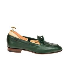 UNLINED STRING LOAFERS IN GREEN RUSTI CALF Green Leather Shoes For Galas, Green Slip-on Leather Shoes For Galas, Luxury Green Leather Shoes With Round Toe, Classic Green Leather Shoes For Galas, Formal Green Closed Toe Leather Shoes, Formal Green Leather Closed-toe Shoes, Green Leather Shoes With Goodyear Welted Round Toe, Green Goodyear Welted Leather Shoes With Round Toe, Elegant Green Leather Shoes With Rubber Sole