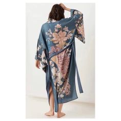 In Perfect Condition! Never Worn. #Kimono #Kimonorobe #Bohochic #Bohostyle #Bohemianstyle Elegant Blue Floral Print Kimono, Blue Floral Print Kimono For Loungewear, Long Floral Kimono, Boho Robes, Kimono Shirt, Maxi Kimono, Bohemian Kimono, Floral Print Kimono, Beach Kimono