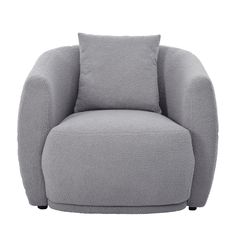 a grey chair with two pillows on it and a pillow in the middle of the seat